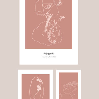 Set monokromatskih personaliziranih postera izrađenih od dječjih crteža u ružičastim nijansama, složenih u kompoziciju.